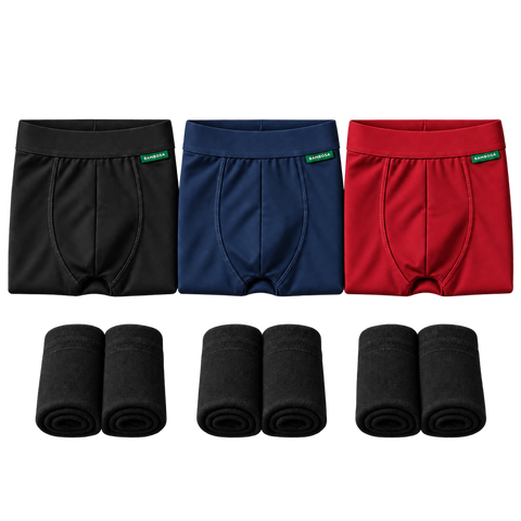 Bamboosa Starterbundel met drie boxershorts en drie paar sokken.